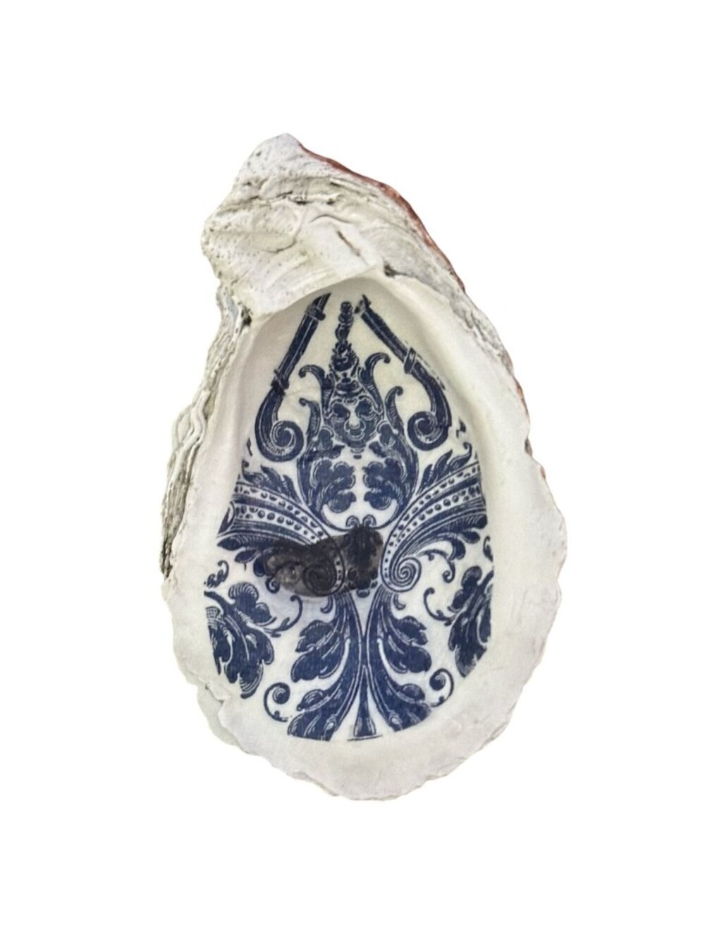 Oyster Shell Ring Trinket Dish Bue White Toile Decoupage Rose Gold Souvenir